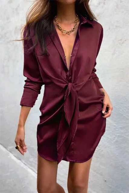 Sexy Long Sleeve V-Neck Turn Down Collor New Dress