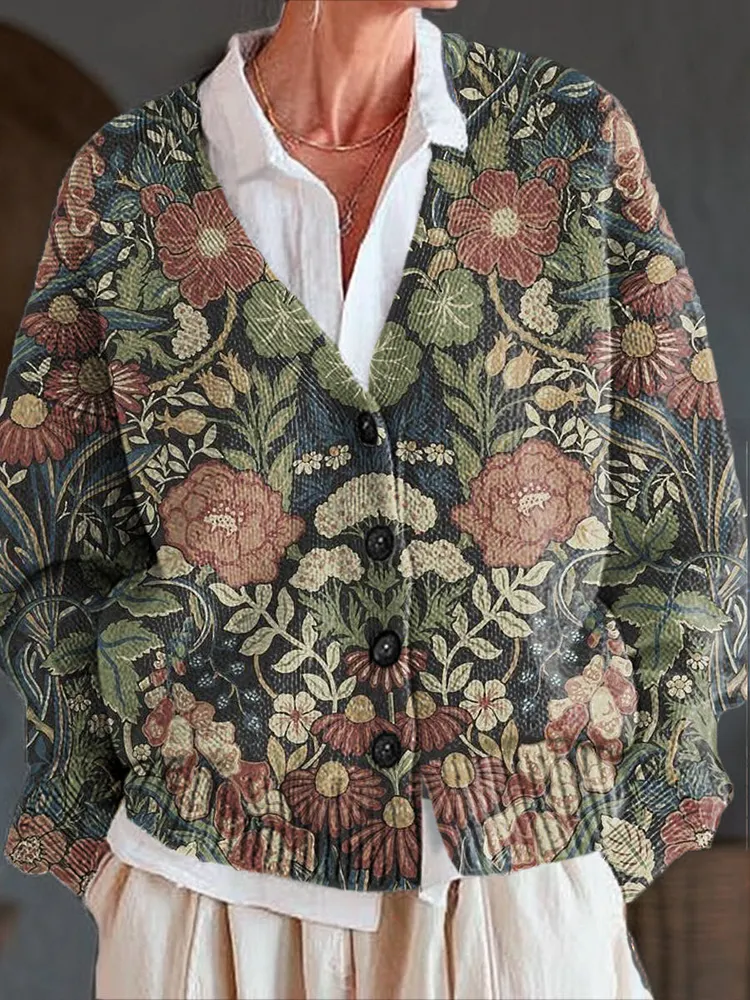 Vintage Ethnic Floral Art Print Buttoned V-neck Cardigan Sweater