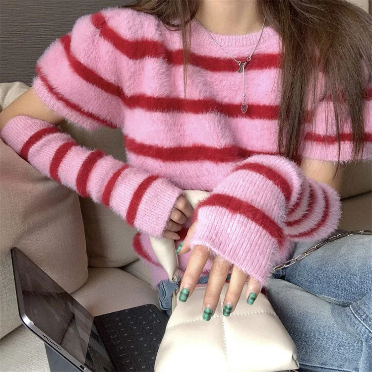 Fuzzy Striped Top and Gloves Set