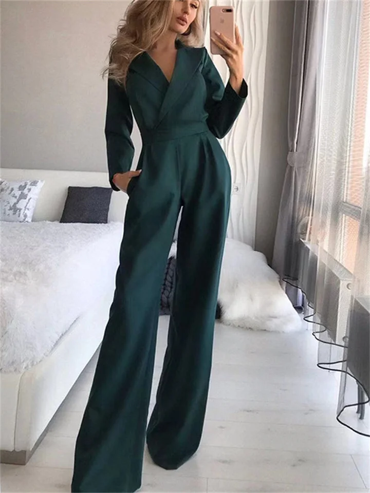 Women's Jumpsuit High Waist Solid Color V Neck Streetwear Daily Vacation Regular Fit Long Sleeve Black Blue S M L Spring