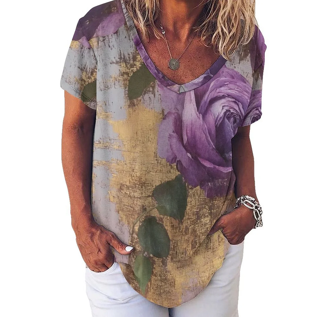 V-neck Short Sleeve Casual T-shirt for  Women Printed with Pattern Floral, Purple, Golden