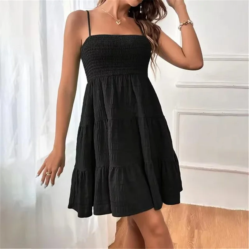 Women's Bohemian Beach Style Sleeveless Backless Big Swing Solid Spaghetti Strap Ruffles Dress 