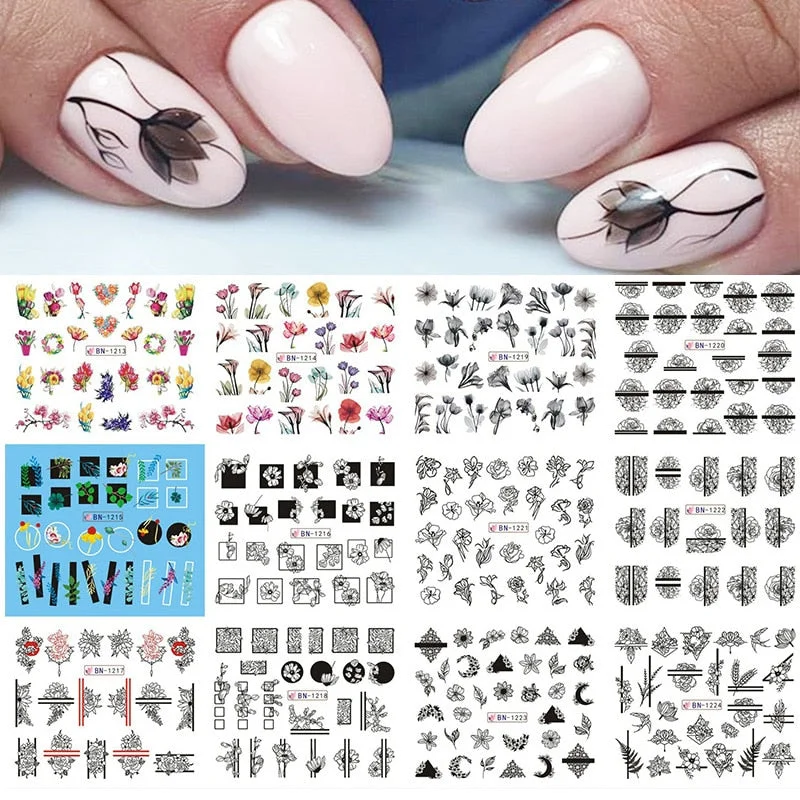 Harunouta 12pcs Simple Green Theme Water Decal Sticker Flower Leaf Tree Spring DIY Slider For Manicuring Nail Art Watermarks