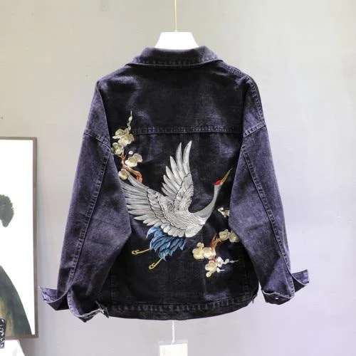 2021 Autumn Loose-Fit Denim Jacket Handsome Boyfriend Wind Heavy Embroidery Small Crane Fashionable Black Jacket Womenes