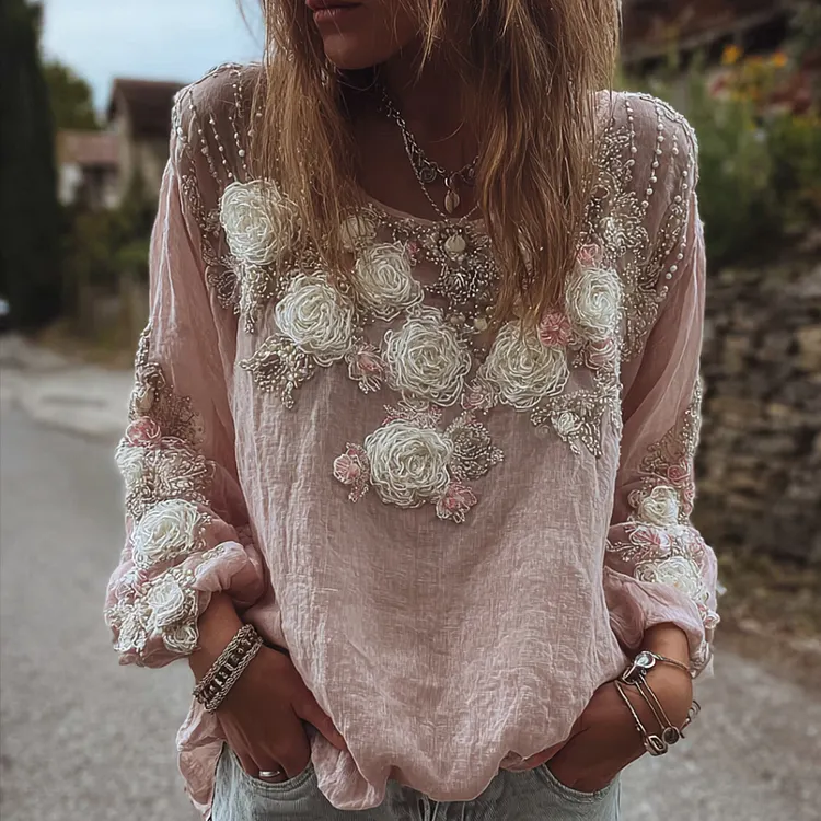 Women's Three-dimensional Flower Romantic Pink Vintage Casual Long-sleeved Top