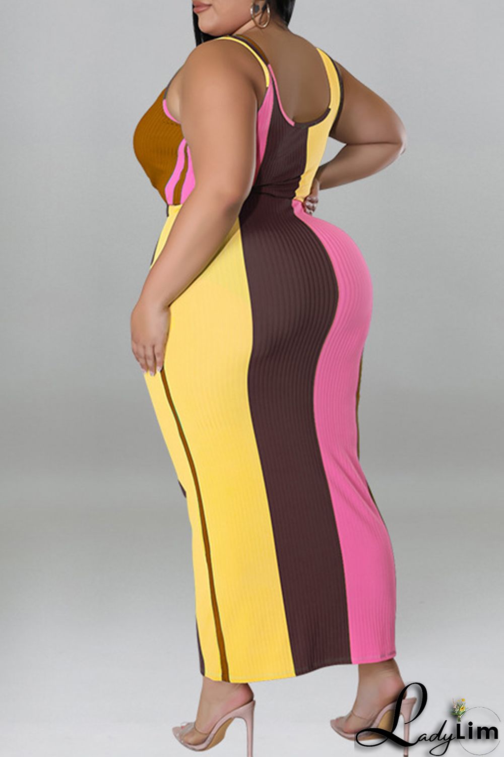 Blue Fashion Casual Striped Print Patchwork Contrast U Neck Plus Size Two Piece Set