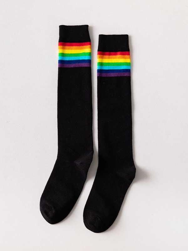 College Style Rainbow Stripes Over The Knee Knitted Stockings