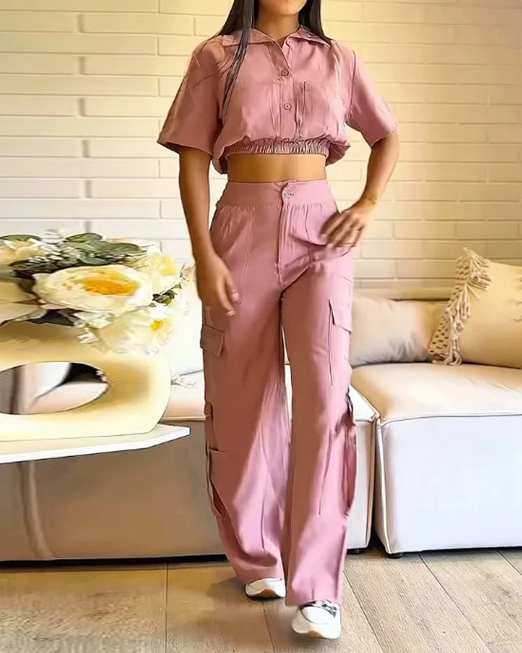 Lapel casual short-sleeved solid color two-piece suit