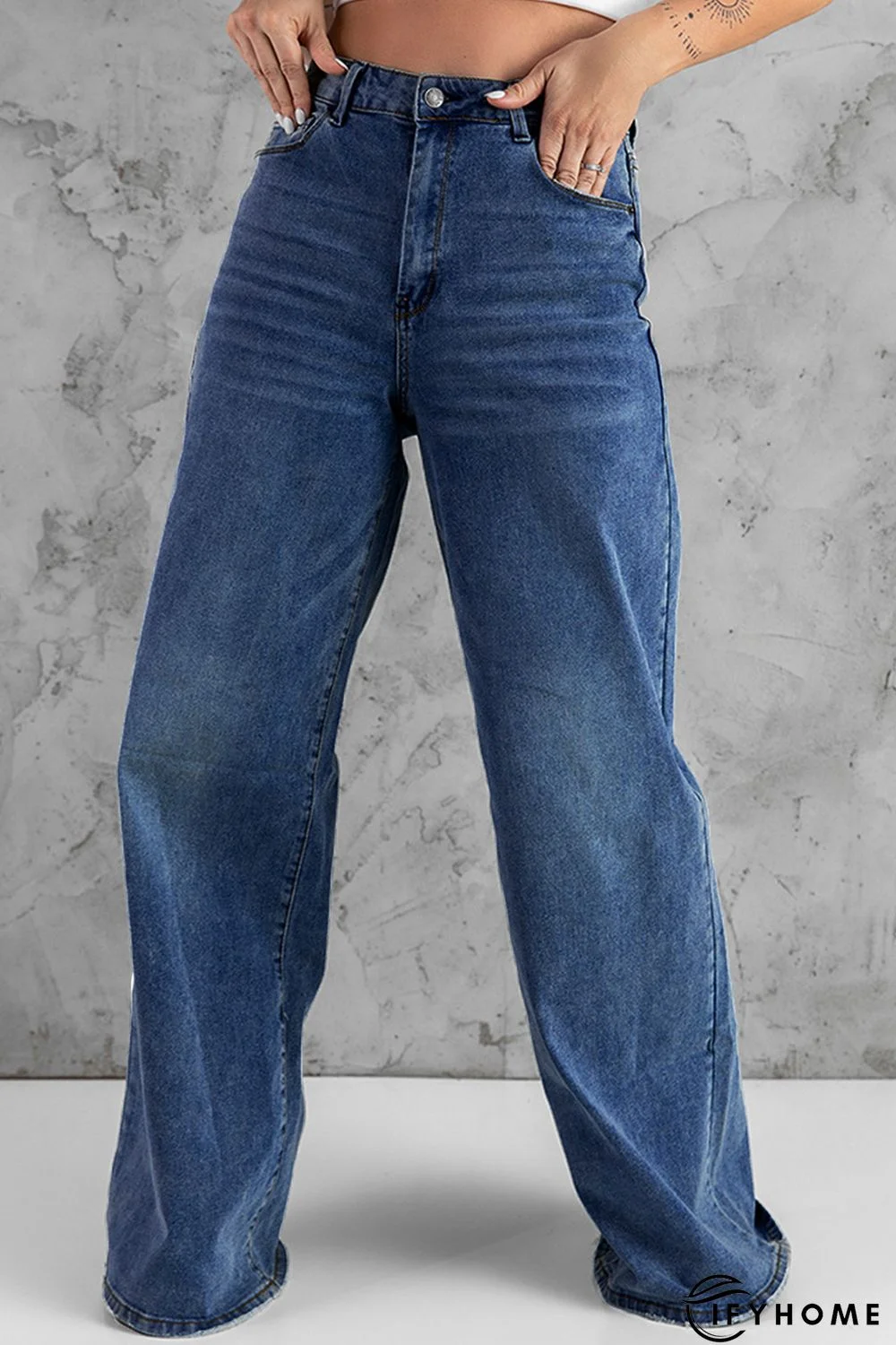 Blue Vintage Washed Casual Wide Leg Jeans | IFYHOME