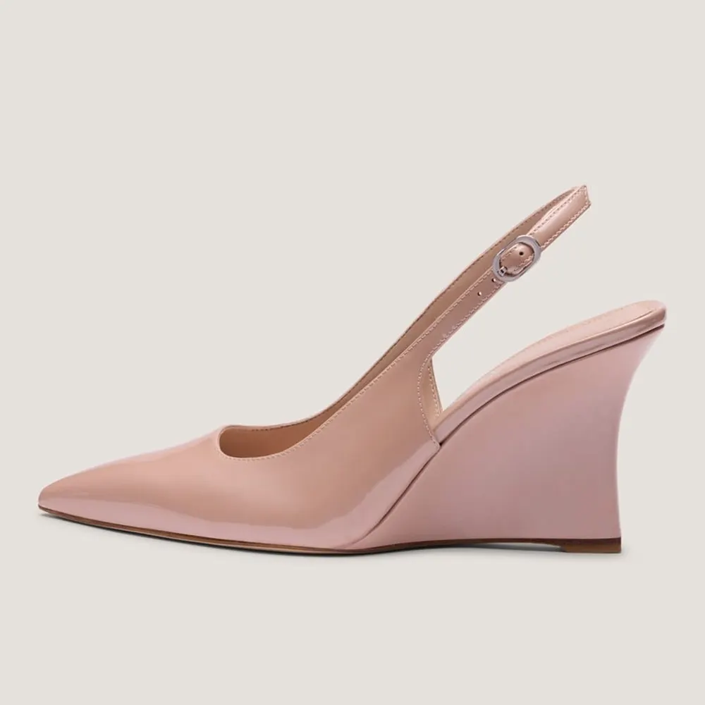 Patent Leather Slingback Wedge Heel Pointed Toe Pink Pumps
