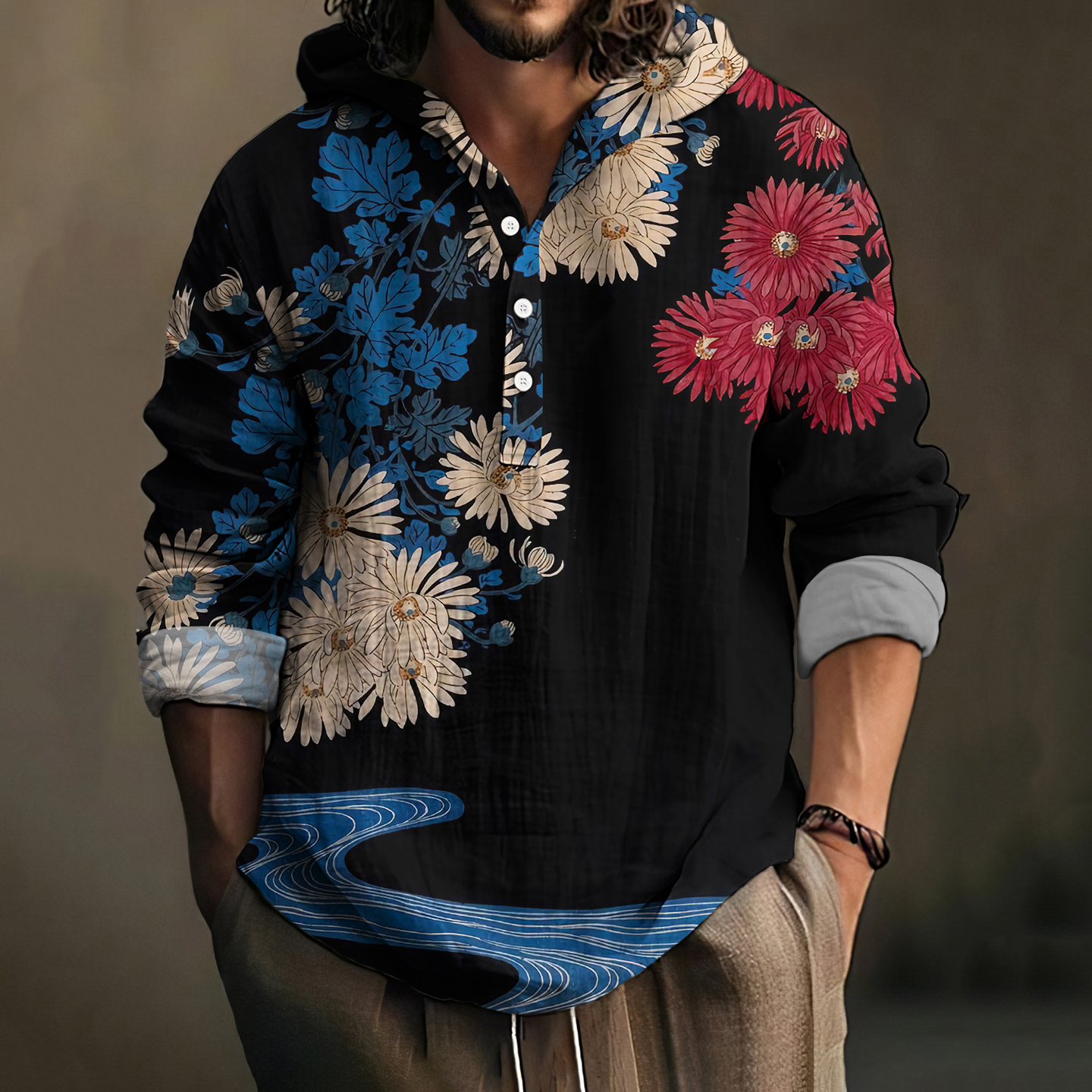 Men's Japanese Floral Art Printed Linen Blend Cozy Shirt Hoodie
