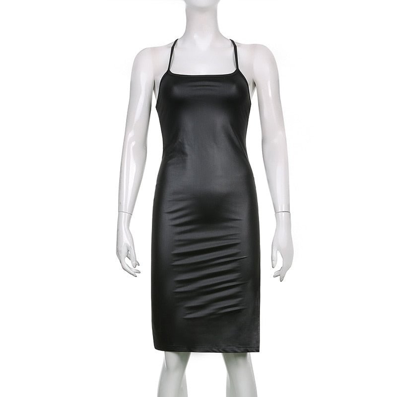 wsevypo Sexy Suspender Midi Bodycon Dress Party Club Women’s Black PU Leather Bandage Backless Split Dress Evening Vestidos