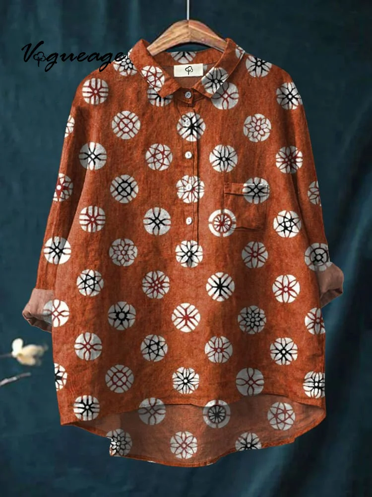 Simple Casual Circle Flower Print Cotton And Linen Shirt