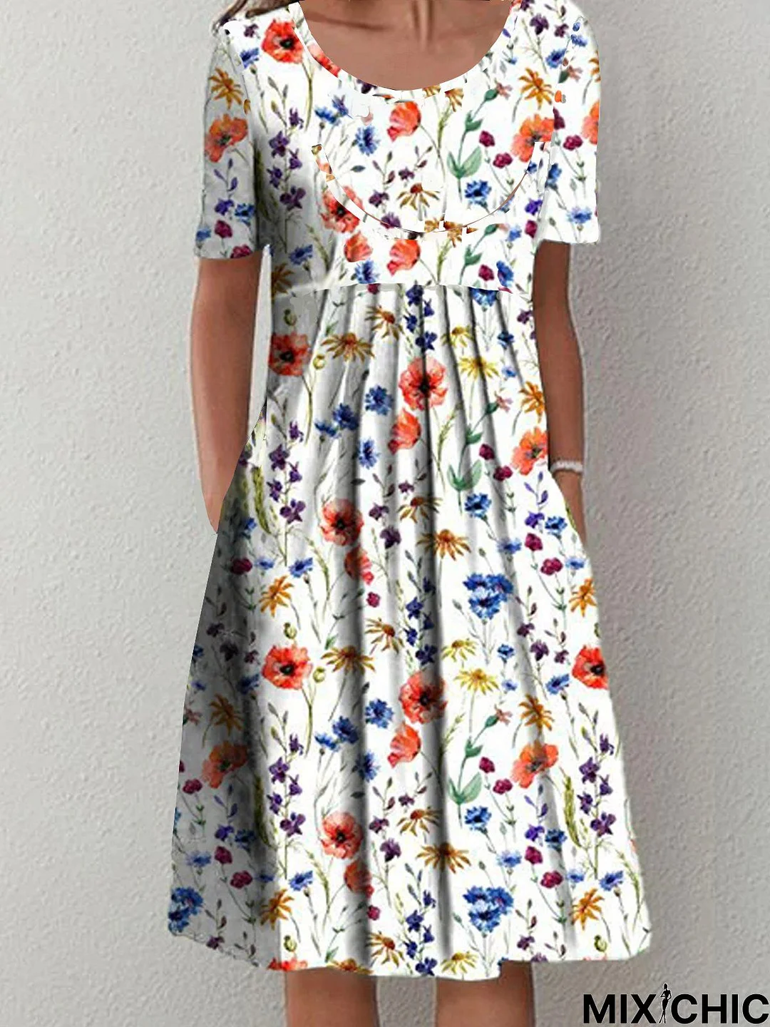 Women's Holiday Weekend Floral Loosen Casual Short Sleeve Woven Midi Dress