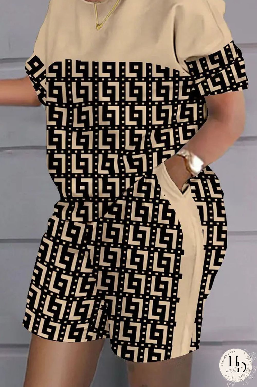 Grey Black Casual Print Patchwork O Neck Short Sleeve Two Pieces