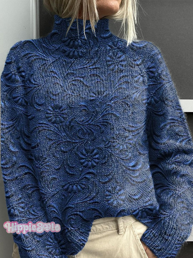 Floral Texture Art Print Knit Turtleneck Pullover Sweater Multicolor / S