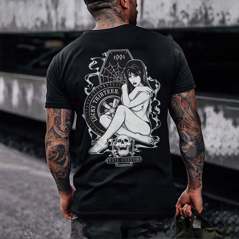 LUCKY THIRTEEN Sexy Lady Skull Black Print T-shirt