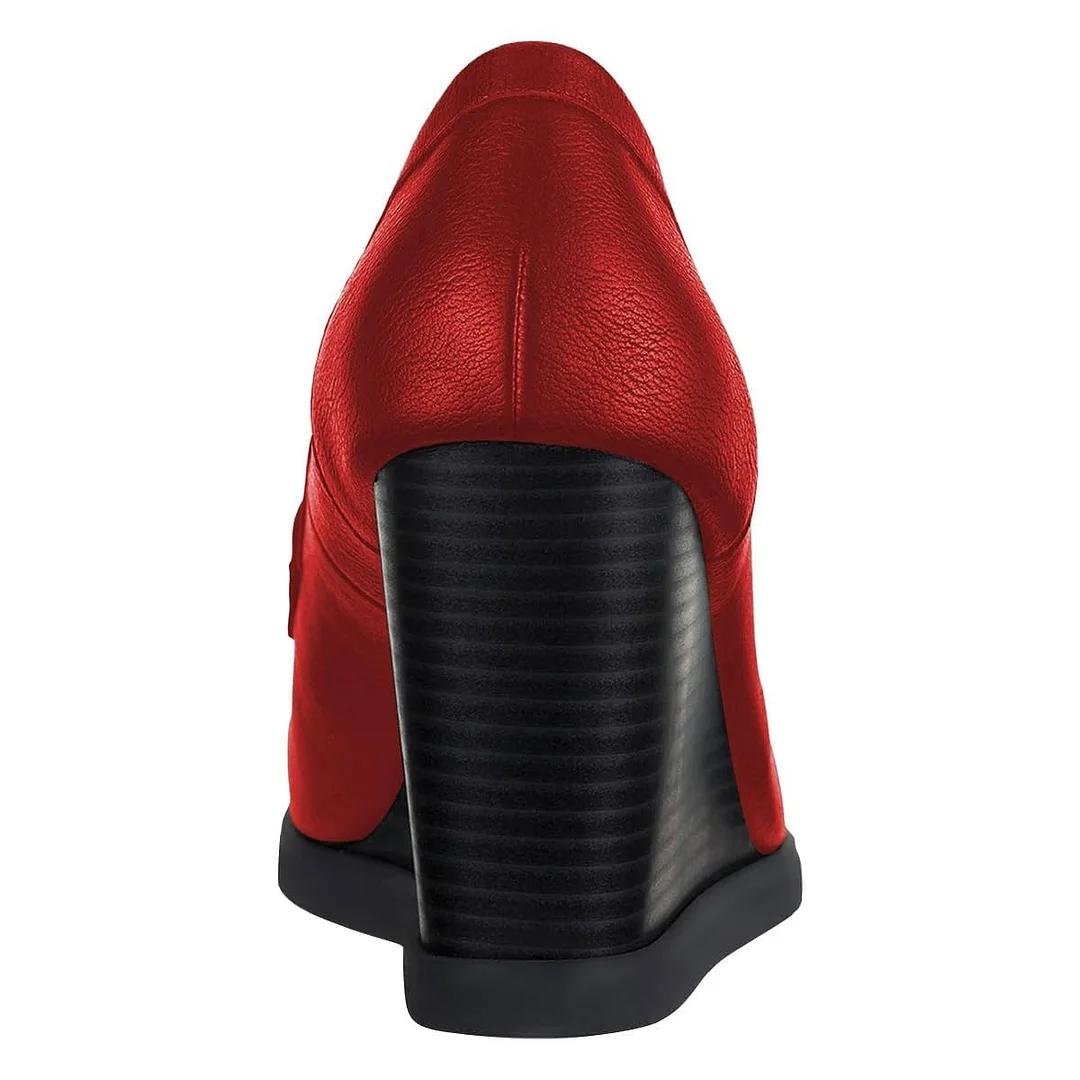 Elegant Round Toe Red Wedge Heeled Loafers Women with Platform