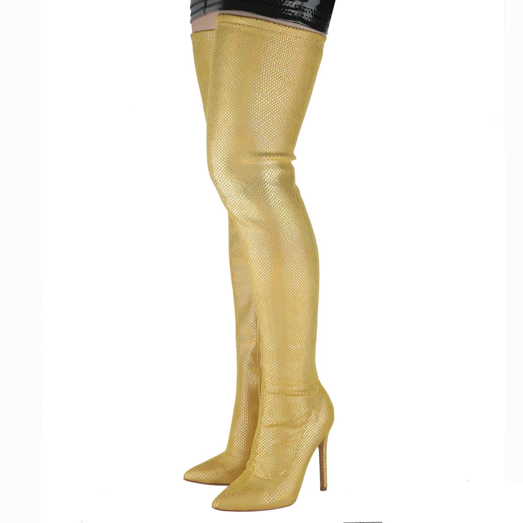 VCSHOES Gold Python Stretch Thigh Boots Stage Thin High Heels Over The Knee Boots Women's Prom Long Boots