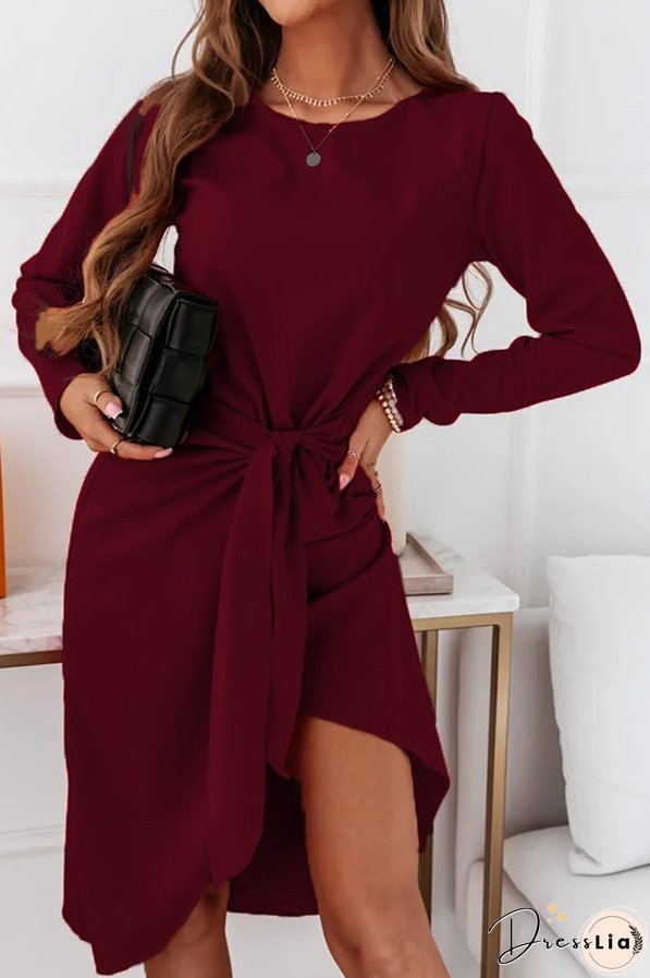 Fashion Elegant Solid With Belt O Neck Long Sleeve Dresses（3 colors）