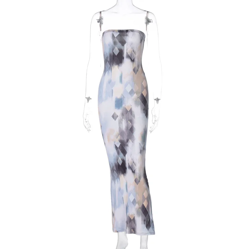 Toloer Tie Dye Skinny Strapless Maxi Dresses For Women Casual Street Sleeveless Sexy Tube Clubwear Party Birthday Dress Summer Clothes