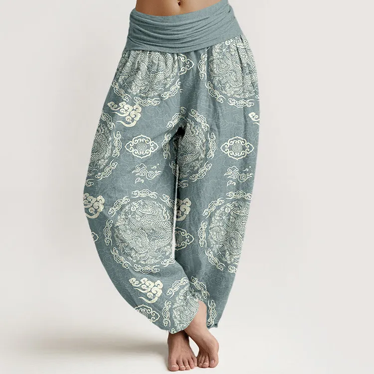 Cotton Light Color Dragon Cloud Pattern Women's Elastic Waist Harem Pants