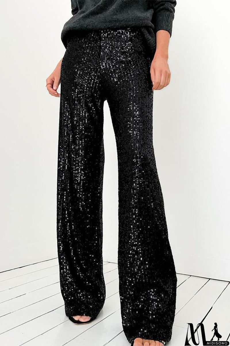 MidiSono - Casual British Style Solid Sequins Loose Low Waist Straight Solid Color Bottoms