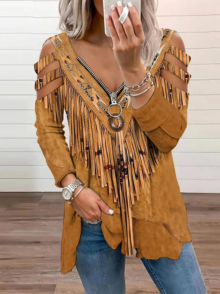 Western Tassels Printed Hollow Out Zip Up T-Shirt