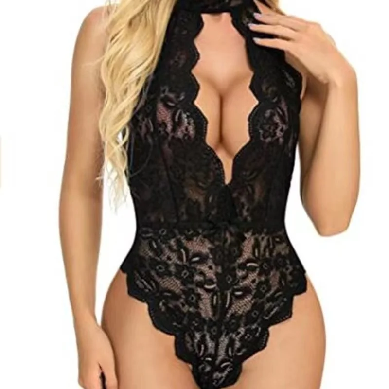 Churchf Women's Hanging Neck Tie With Sexy Bare Back Lace Conent Seduction Lingerie Suit