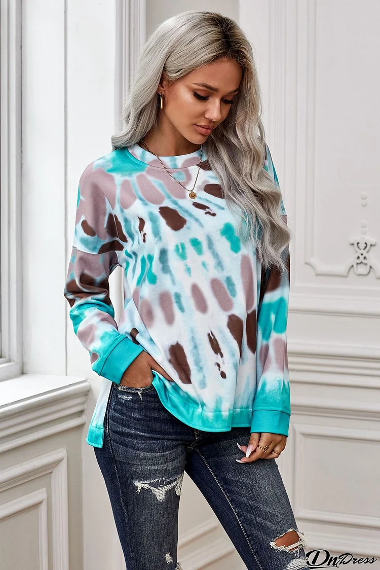 Women's Sky Blue Tie-dye Side Slits Pullover Sweatshirt