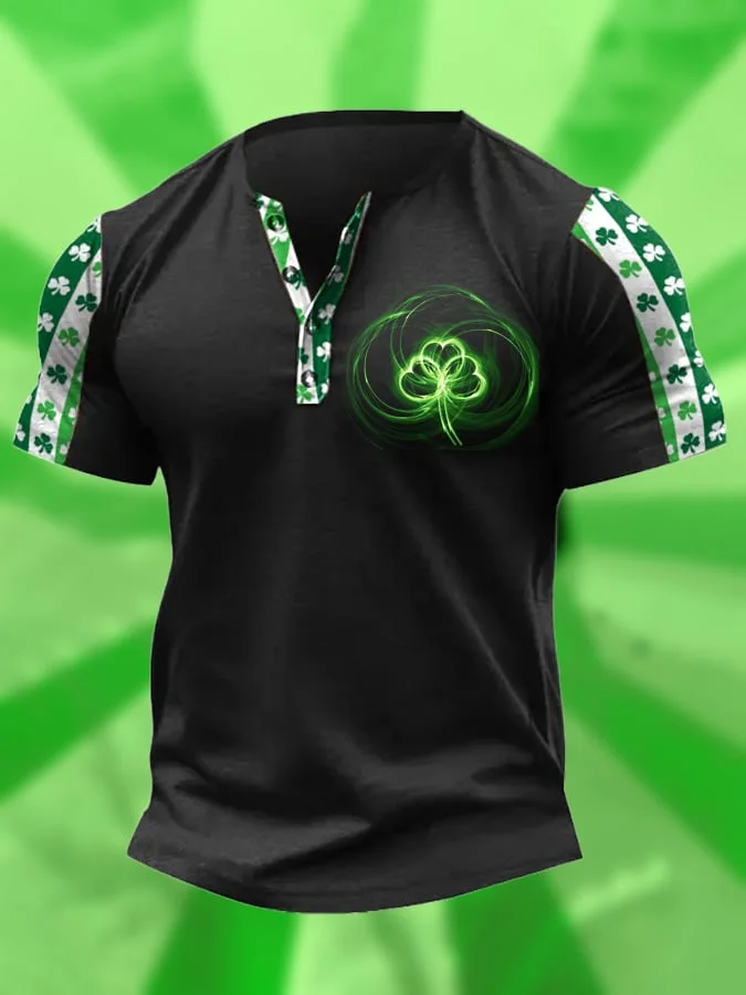 Men's Vintage St. Patrick's Day Print Henley Neck T-Shirt