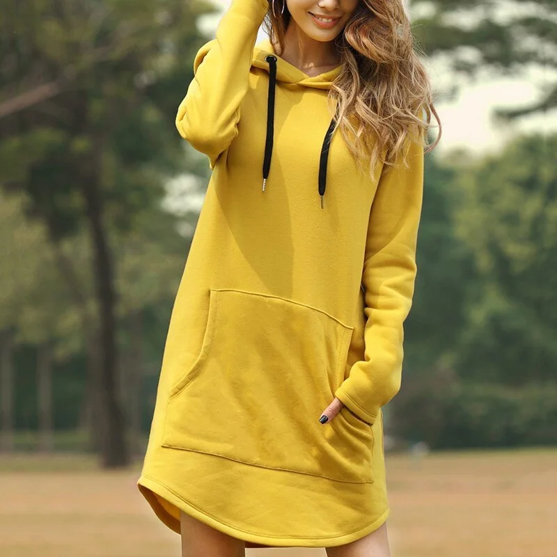 Women Solid Hoodies Dress Casual Long Sleeve Plus Size Hooded Sweatshirt Fashion Irregular Hem Long Sleeve Female Hoody Dress
