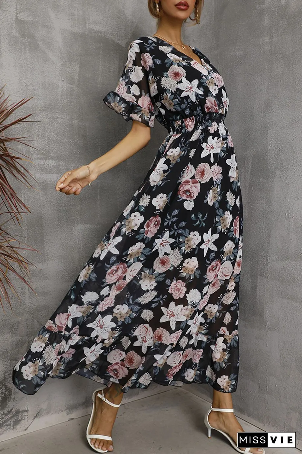 Elegant Floral Split Joint Flounce V Neck Waist Skirt Dresses