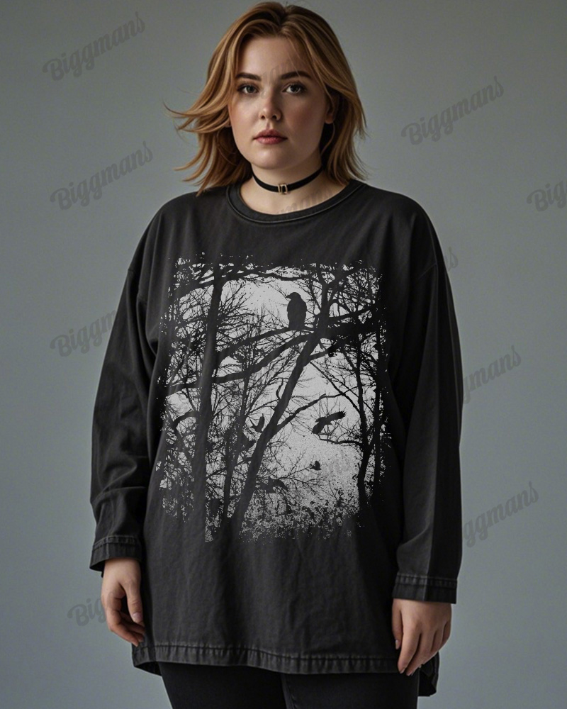 Dark Forest Print Wash Cotton Round Neck Long Sleeve Plus-size Top