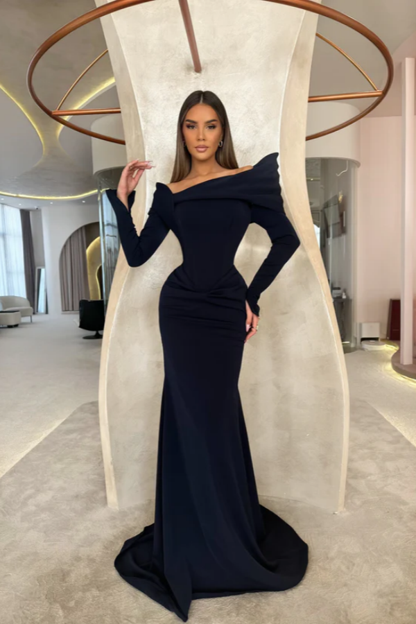 Dark Navy Long Mermaid Off-The-Shoulder Prom Dress With Long Sleeves ZT0803