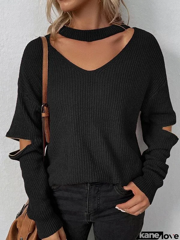 Long Sleeves Loose Hollow Solid Color Zipper V-Neck Pullovers Sweater Tops