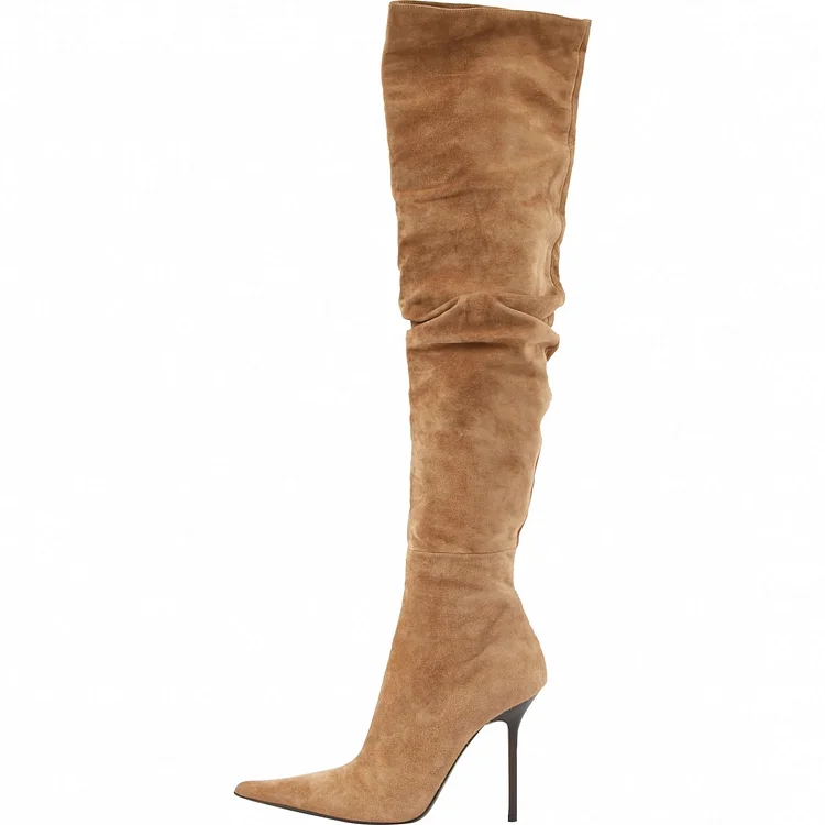Camel Vegan Suede High Heel Pointy Toe Over The Knee Boots |FSJ Shoes