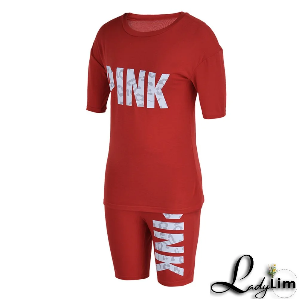 Blue Fashion Casual Letter Print Patchwork O Neck Short Sleeve Two Pieces