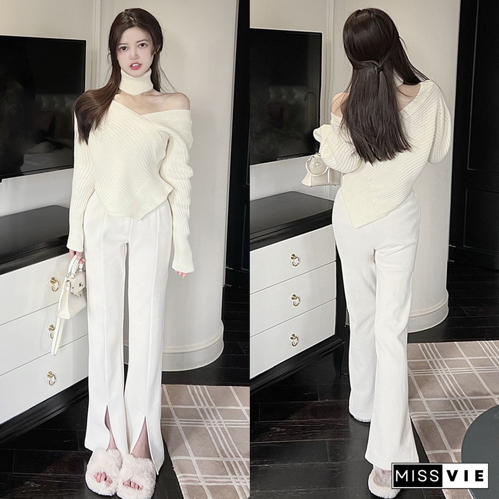 High Collar Cross Cold Shoulder Irregular Sweater