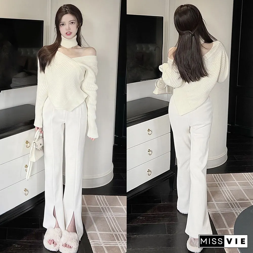 High Collar Cross Cold Shoulder Irregular Sweater