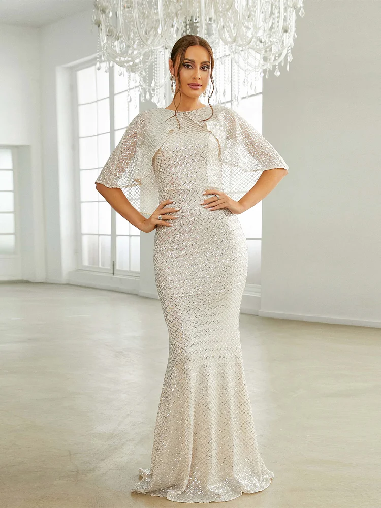 Formal Crew Neck Apricot Sequin Mermaid Evening Dress RH30584