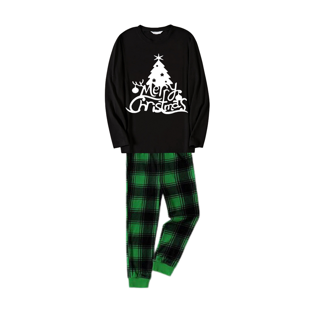 Christmas Tree and "Merry Christmas" Text Print Black Long Sleeve Top with Green and Black Plaid Family Matching Pajamas