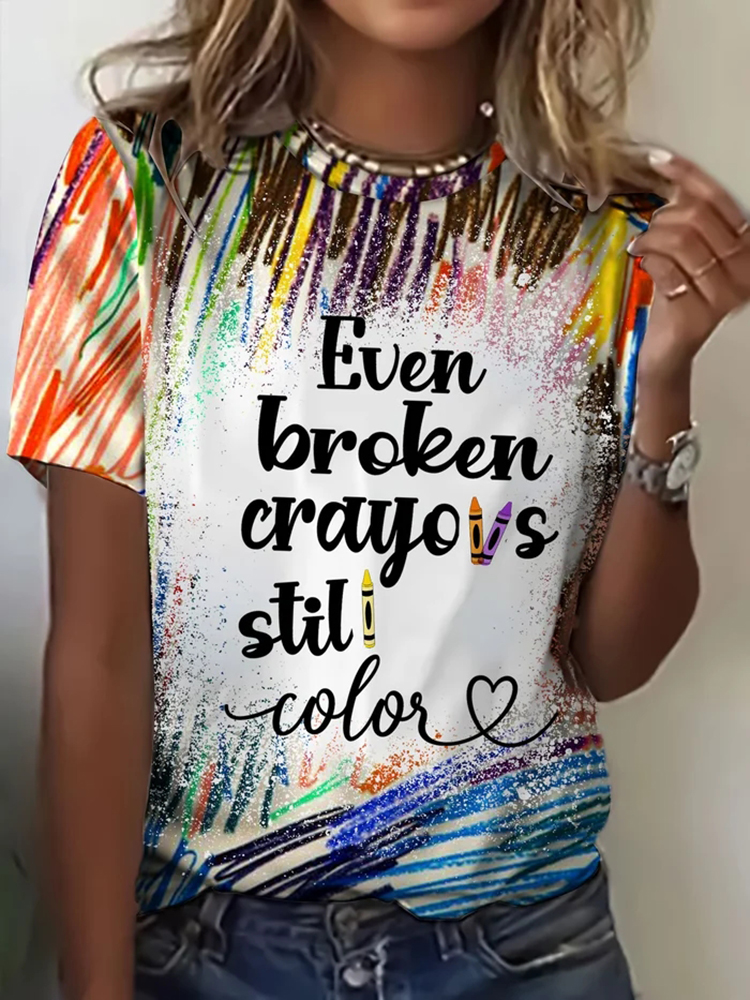 Comstylish Women's Broken Crayons Still Color Print Round Neck T-Shirt