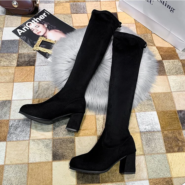 Tanguoant Tanguoant / Winter 2023 New Over-Knee Boots Fashion Suede Round Head Thick Heel High Heel Elastic Boots After The Strap Women's Long Boots
