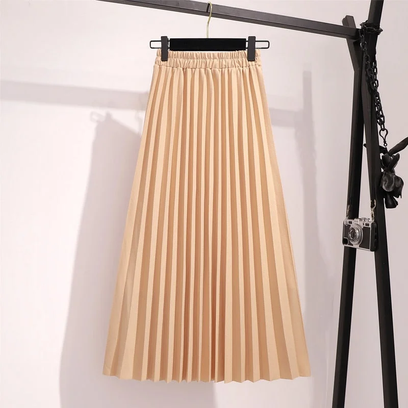 New 2020 Spring Pleated Skirt Women Casual Solid Korean Elastic High Waist Midi Skirts Womens Pink Black Skirt