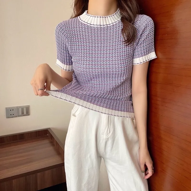 Uveng Uveng Summer New Korean Version Of The Impact Of The Wave Striped Ice Silk Bottom Shirt Short-Sleeved Knitted T-Shirt Tide