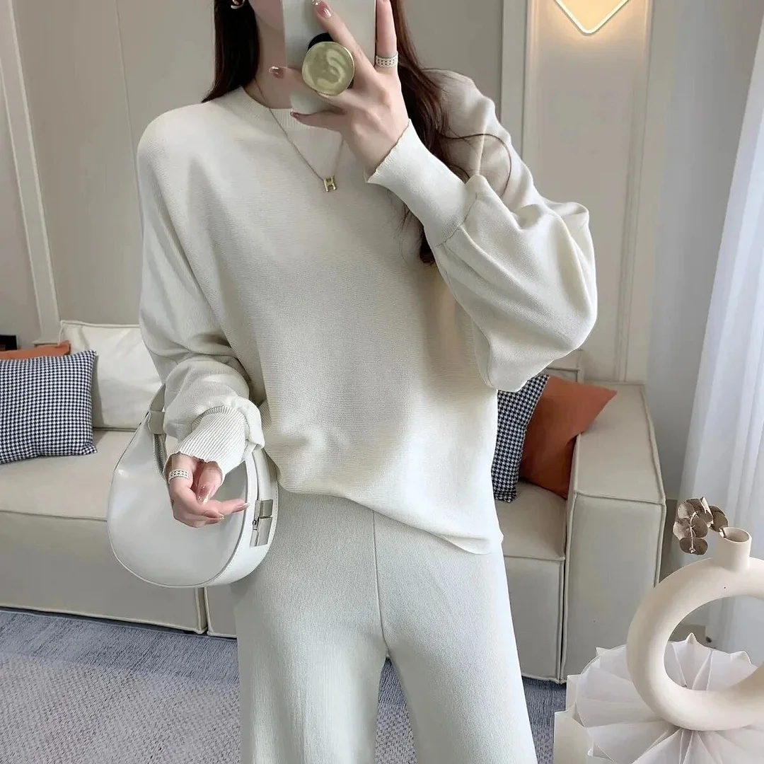 Huiketi Fashion Two Piece Sets Women High Collar Top Wide Leg Pants Outfits Casual Loose Suits 2023 Autumn Knitted Ribbed Pant Sets