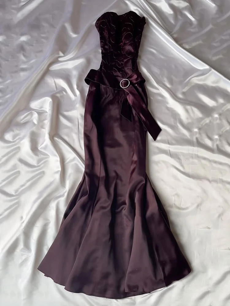 Flower Embroidered Ruffled Sleeveless Tube Satin Mermaid Maxi Dresses Fairytale Drexss