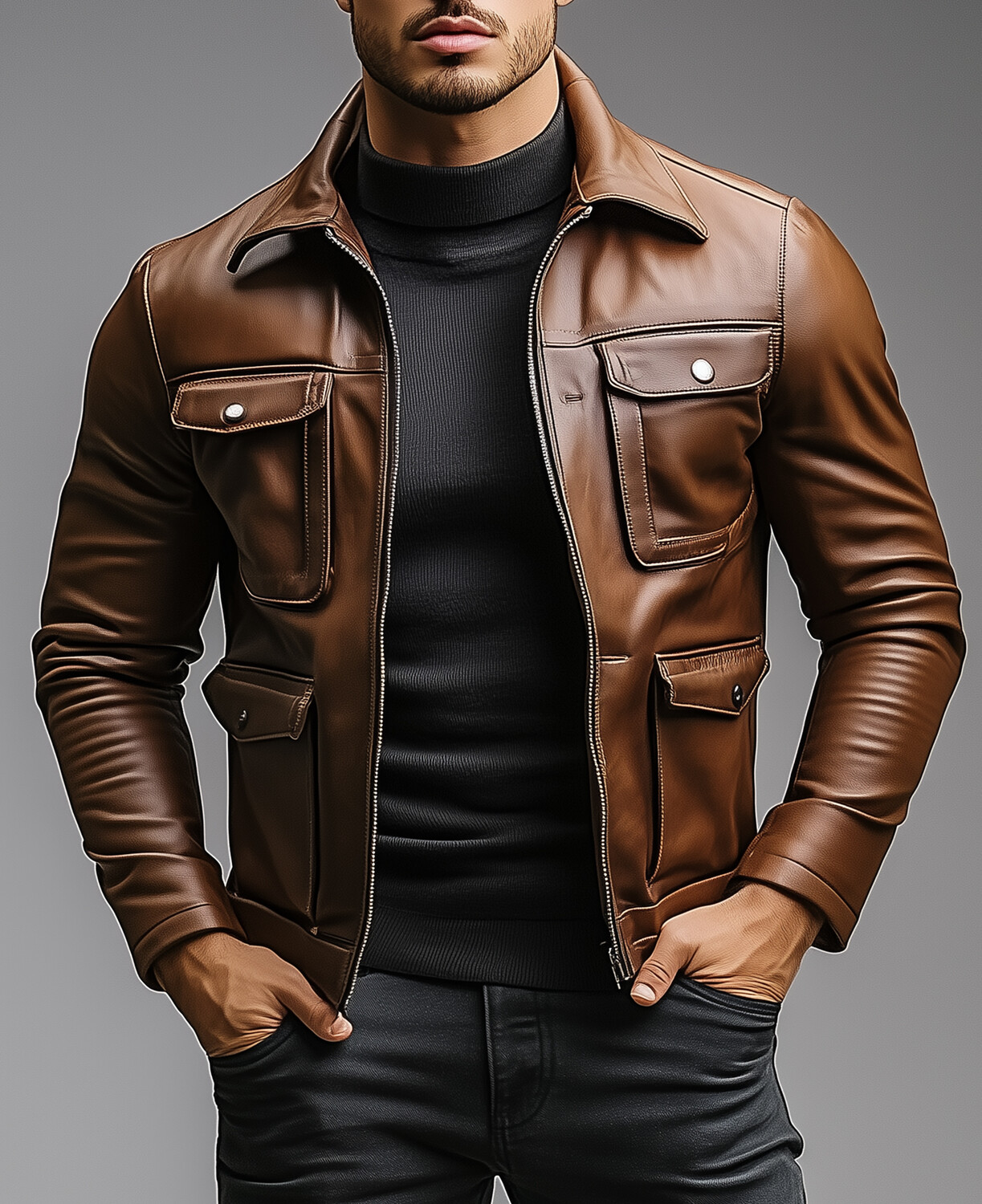 Okaywear Turndown Collar Utility Pocket Long Sleeve PU Leather Jacket