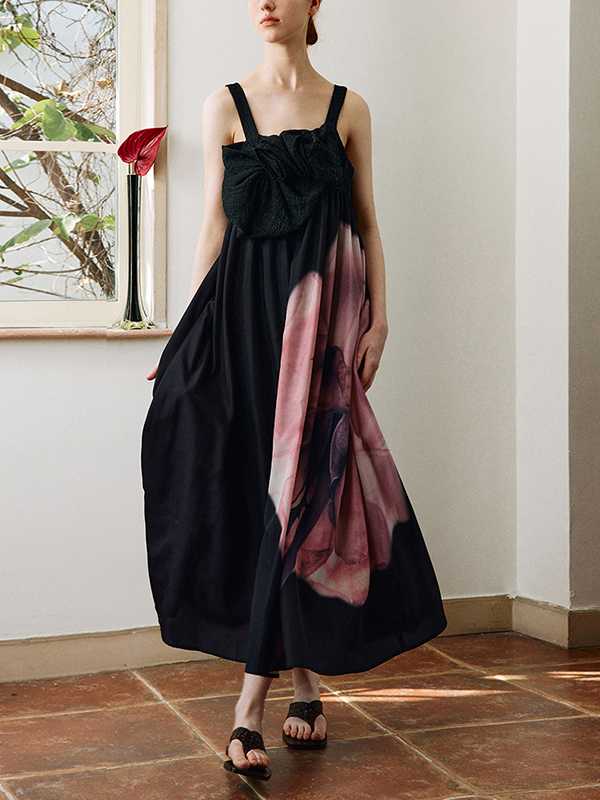 Floral Print Strap Ruched Loose Maxi Dress